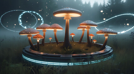 Mystical glowing mushrooms in an enchanted forest at night
