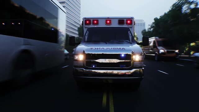 An ambulance driving fast on a city street. Realistic 4k animation.
