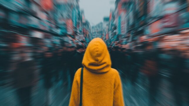 Person Wearing Yellow Hooded Coat Standing in Crowded City Street with Motion Blur Urban Lifestyle and Individuality Fast City Slow Mind