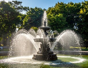 A large fountain with multiple water jets in a park