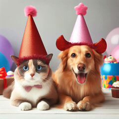 A cute Ragdoll cat and Golden Retriever dog wear festive party hats, celebrating a birthday with colorful cupcakes and balloons