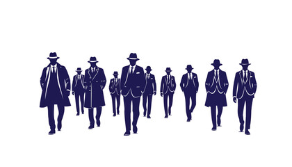 Mysterious men in trench coats walking in a row vector illustration
