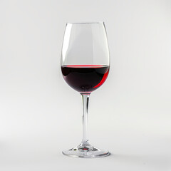 A glass of red wine sits on a white background, showcasing its rich color and elegant shape
