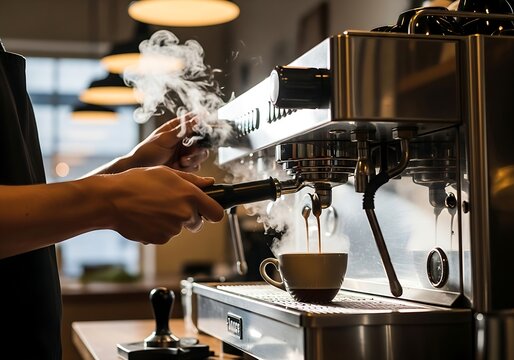 Realistic photo of a professional barista preparing espresso at a coffee machine with steam rising in warm caf&eacute; lighting and shallow depth of field