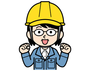 ガッツポーズするヘルメットをかぶった現場監督の中年女性