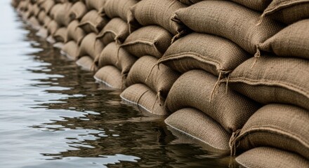 Fototapeta premium Stacked sandbags form flood barrier against rising water. Burlap sacks create robust temporary flood barrier, essential during emergency. Important flood barrier for disaster management,