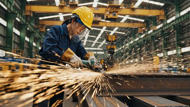 Factory worker grinding metal with sparks