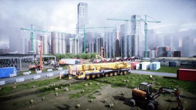 Mobile construction crane. Construction of a large industrial building or factory, . 4k animation