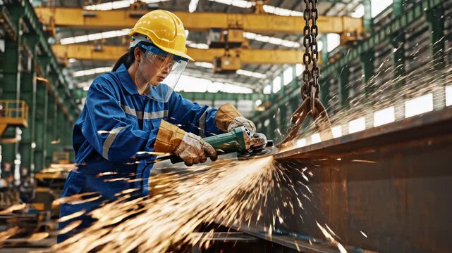 Factory worker grinding metal with sparks