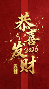 Luxury 2026 Year of the Horse Mobile Wallpaper, Gold Calligraphy and Red Background