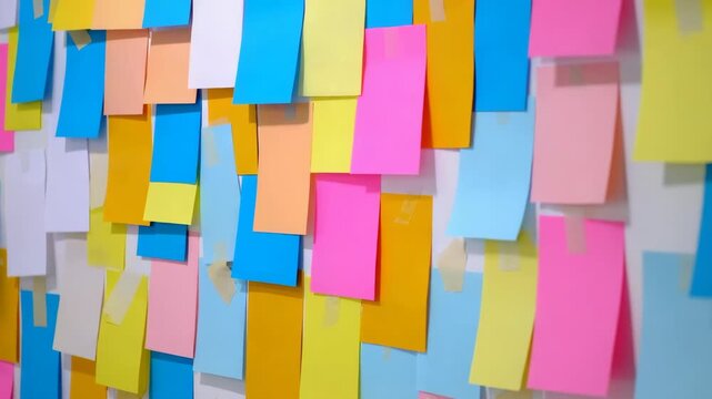 Multicolor sticky notes scattered on a white wall, diverse colors, creative concept