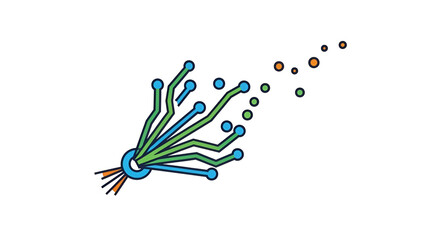 Circuitry sprouting with glowing dots, emanating from a center hub