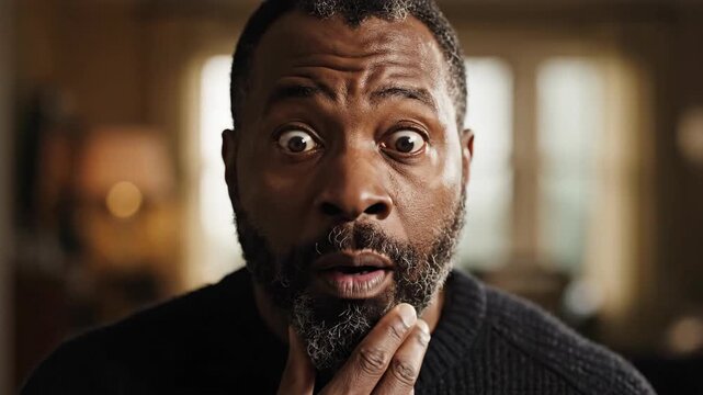 Man shows strong surprise, mouth open, hand on chin. Eyes wide with shock, set against a blurred interior background