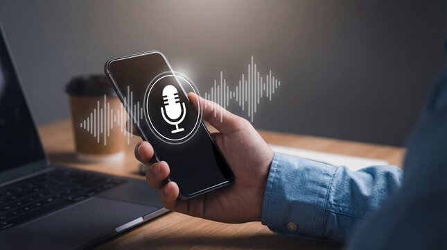 Person holding smartphone with voice recording icon on screen, indicating audio capture or voice command, with laptop and coffee cup nearby on wooden desk, suggesting a workspace or office setting.