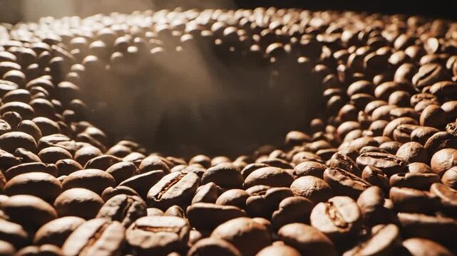 A close-up view of roasted coffee beans in a large pile, showcasing their texture and dark brown color, suitable for coffee packaging, cafe promotions, food blogs, menu design