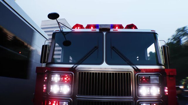 An fire engine, fire rescue driving fast on a city street. Realistic 4k animation.