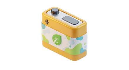 Yellow battery with leaf graphic, positive terminal, and abstract blue-green shapes