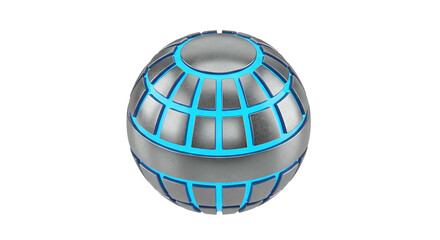 Metallic sphere with glowing blue grid lines, isolated on black
