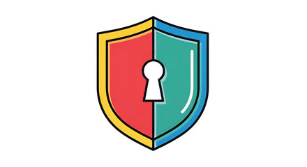 A colorful shield icon with a keyhole centered on a black background