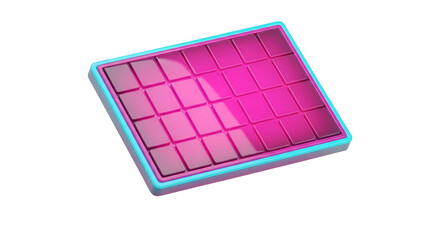 A glossy, pink electronic pad with a blue neon edge, on black
