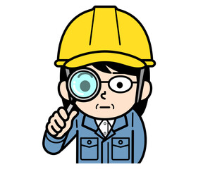 虫眼鏡で観察するヘルメットをかぶった現場監督の中年女性