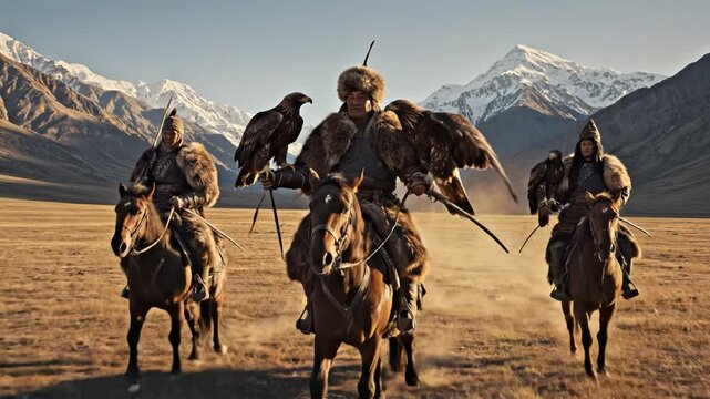 Men on horseback with falcons in mountains
