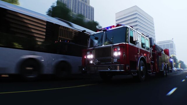 An fire engine, fire rescue driving fast on a city street. Realistic 4k animation.
