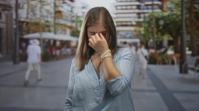 Woman pinches nose with her right hand in a crowded pedestrian street lined with outdoor cafes; odor smell stink disgust.