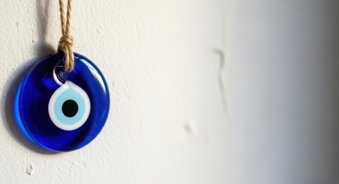 Blue evil eye charm suspended on textured white wall, ancient protective talisman. Round glass amulet features vibrant concentric circles, hung by natural twine.