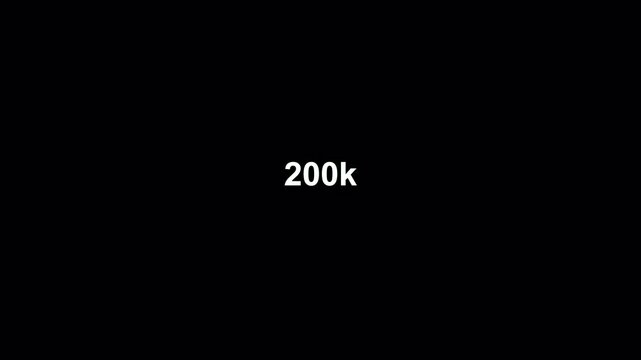 Number counter animation from 0k to 200k on a transparent background, Number counter animation from zero to two hundred thousand views with alpha channel
