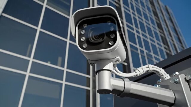 Surveillance camera on building exterior