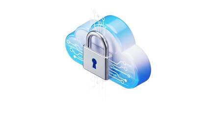 3D cloud with padlock, circuits suggesting secured data