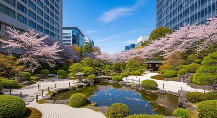 ビルの谷間の桜と新緑の日本庭園