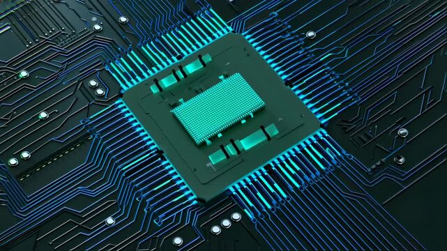 A glowing central processor surrounded by blue illuminated circuit paths