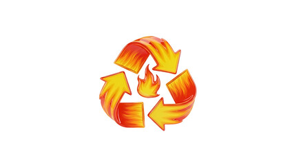 A fiery recycle symbol, animated, on a stark black background