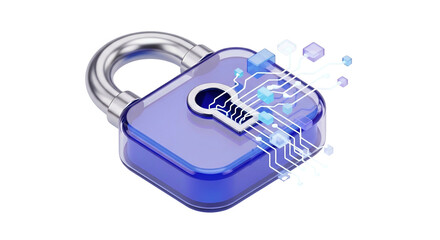 Blue transparent padlock with digital circuit overlay on black backdrop