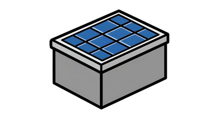 Isometric image of a gray building with a blue solar panel roof