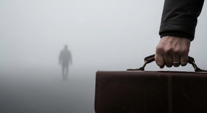 Hand holding brown briefcase in dense fog, lone figure walking away signifies future journey. Solitary individual disappears into thick mist, ambiguous future journey towards unknown destination.
