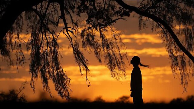 Silhouette man watering tree shaped like brain concept. Silhouette of a person standing under tree branches during a vibrant orange sunset sky