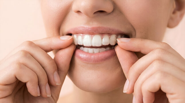 Close-up of a woman's mouth with bright white teeth, hands adjusting a clear dental aligner for orthodontic treatment, isolated on a light beige background.