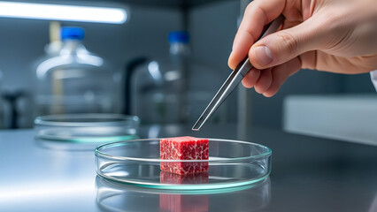 Close-up view of a hand using silver tweezers to grasp a red cube in a petri dish within a laboratory setting