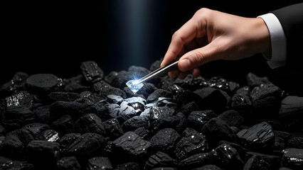 Dramatic close‑up of a gloved hand in a black suit gripping a glowing blue‑lit tool over a pile of dark rocks, captured from a low angle