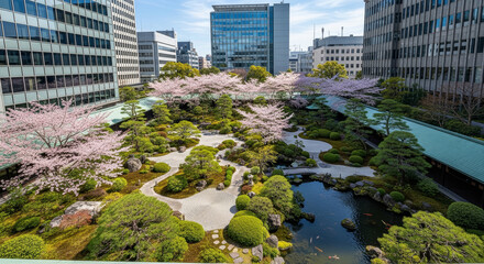 ビルの谷間の桜と新緑の日本庭園