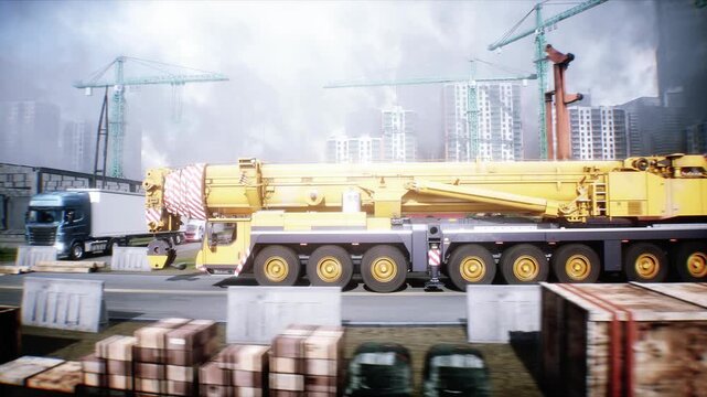 Mobile construction crane. Construction of a large industrial building or factory, building exterior. 4k animation.