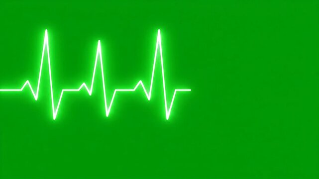 Glowing white ECG heartbeat line on a vibrant, flat green background