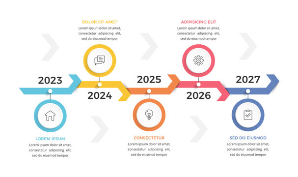 Horizontal arrow timeline infographic with five yearly milestones