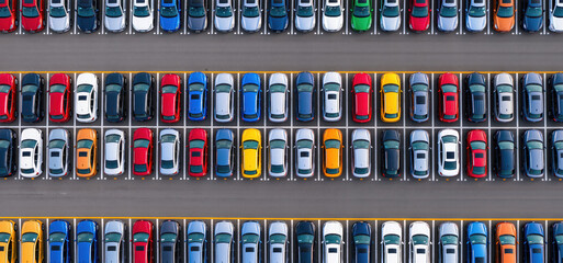 Car sales, crisis, Colorful cars parked top view
