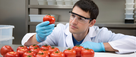 Scientist closely examines ripe tomatoes in lab setting