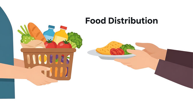 Illustration depicting the concept of food distribution with hands exchanging a basket of groceries for a plate of food