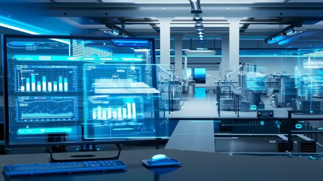 A futuristic lab scene with a large monitor displaying data charts